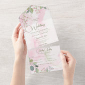 ピンク&セージ緑の水の色ボホフローラディナー オールインワン招待状 (貼ってはがせる)