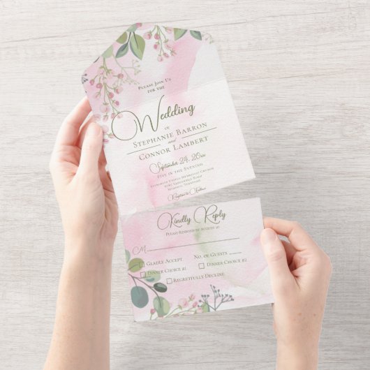 ピンク&セージ緑の水の色ボホフローラディナー オールインワン招待状 (貼ってはがせる)