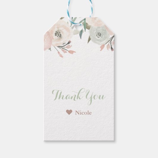 ピンク & セージ ミントグリーン モダン フラワー ブライダル シャワー ギフトタグ (正面)