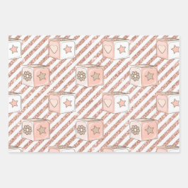ピンク&タンの水色ベビーガールブロックベア ラッピングペーパーシート