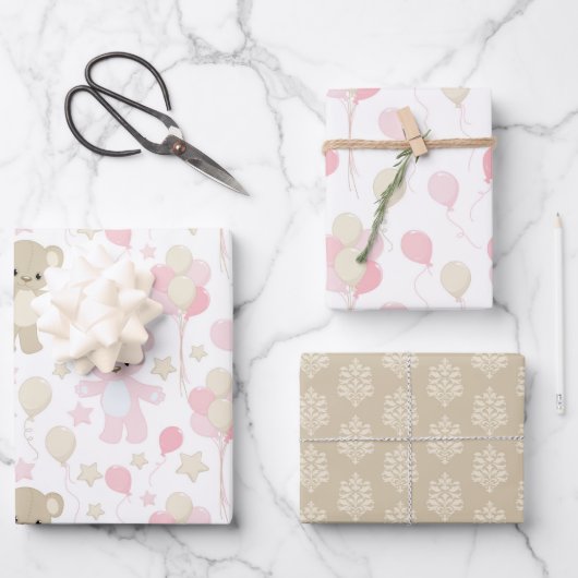 ピンク&タンテディベアーズスターのパステルシェード ラッピングペーパーシート (正面)