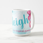 ピンク、ターコイズハイビスカスパーソナライズされたコーヒーマグ コーヒーマグカップ (正面右)