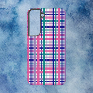 ピンク+ターコイズブルー+ネイビーブルー+パープルのチェック柄 SAMSUNG GALAXY S22ケース