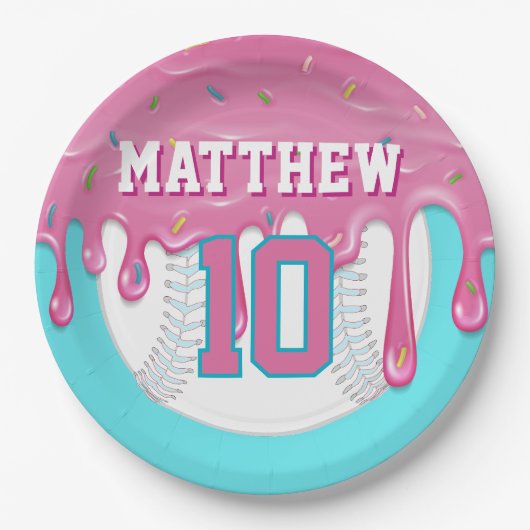 ピンク & ターコイズベースボールドリップ誕生日パーティー ペーパープレート (正面)