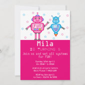 ピンク&ターコイズロボット誕生日パーティーの招待状 招待状 (正面)