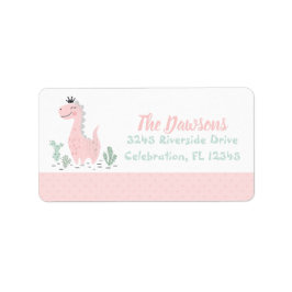 ピンク&ターコイズ水彩少女誕生日恐竜 ラベル