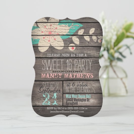 ピンク&ターコイズ素朴ウッドスウィート16パーティー 招待状 (スタンド正面)