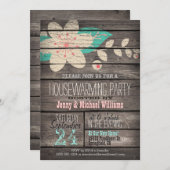 ピンク&ターコイズ素朴ウッド引っ越し祝いパーティーパーティー 招待状 (正面/裏面)