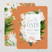 ピンク、ターコイズ、オーキッドのトロピカルな花のデザイン セーブザデート (正面/裏面)