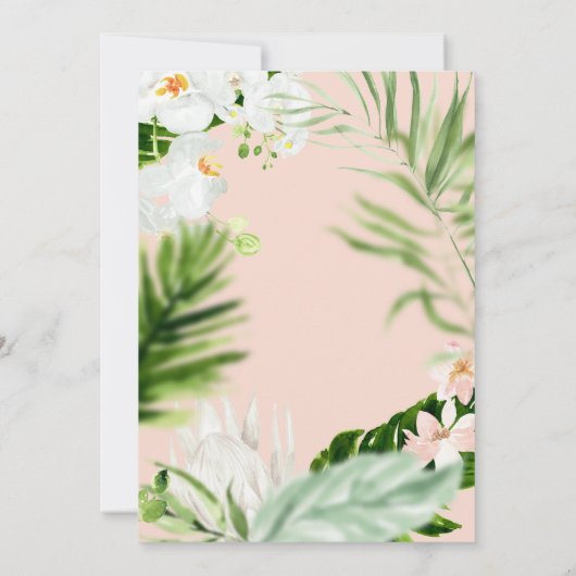 ピンク、ターコイズ、オーキッドのトロピカルな花のデザイン セーブザデート (裏面)