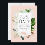 ピンク、ターコイズ、オーキッドのトロピカルな花のデザイン セーブザデート<br><div class="desc">ピンク、ターコイズ、オーキッドのトロピカルな花のモダンなスクリプトテキスト。コレクションの一部です。</div>