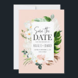 ピンク、ターコイズ、オーキッドのトロピカルな花のデザイン セーブザデート<br><div class="desc">ピンク、ターコイズ、オーキッドのトロピカルな花のモダンなスクリプトテキスト。コレクションの一部です。</div>