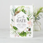 ピンク、ターコイズ、オーキッドのトロピカルな花柄 セーブザデート (スタンド正面)