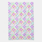 ピンク、ターコイズ、フローラ キッチンタオル (縦)