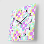 ピンク、ターコイズ、フローラ スクエア壁時計 (傾斜)