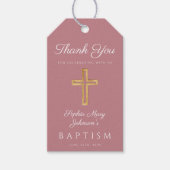 ピンク・ダスティ・バラ宗教十字女性洗礼 ギフトタグ (正面)