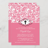 ピンク·ダマスク·ファースト·コミュニオン·イミュエーション 招待状 (正面/裏面)
