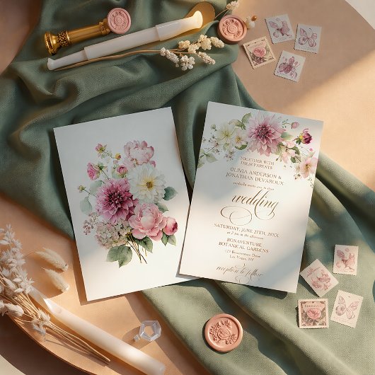 ピンク ダリア 野花 ゴールド テキスト 結婚式 | 招待状