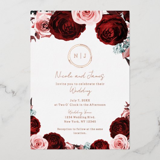 ピンク&ダークレッドフローラグラムモダンの結婚写真 箔招待状 (正面)