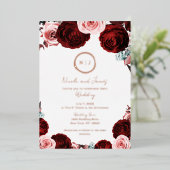 ピンク&ダークレッドフローラグラムモダンの結婚写真 箔招待状 (立ち正面)