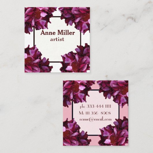 ピンク&ダークレッドローゼズフローラ名刺 スクエア名刺 (正面/裏面)