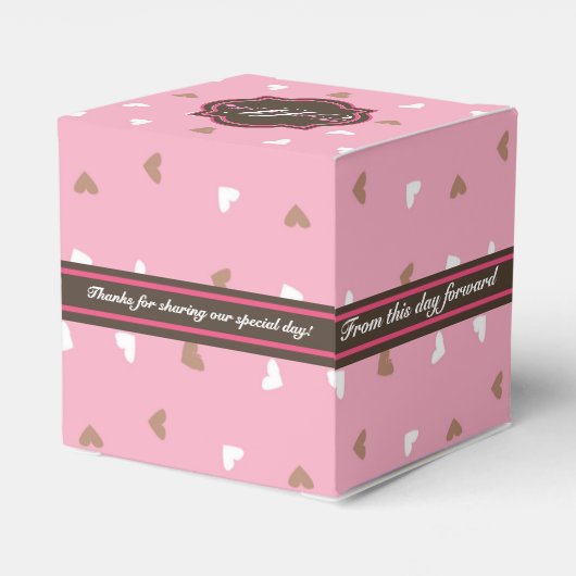 ピンク&チョコパーソナライズされた結婚式の引き出物箱 フェイバーボックス (裏面サイド)