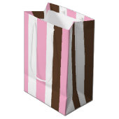 ピンク、チョコレート、白ストライプ色 ミディアムペーパーバッグ (正面アングル)