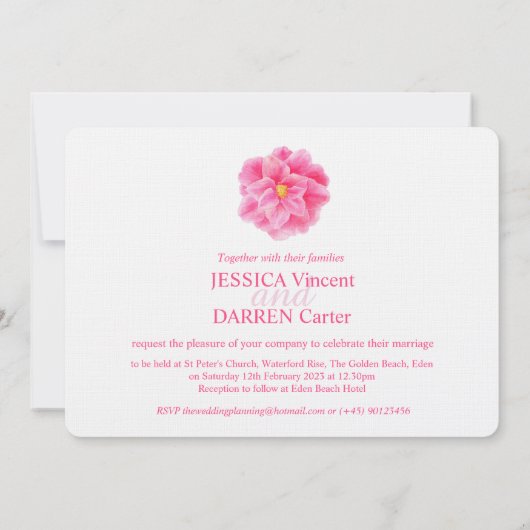 ピンク·ツバキの花の水彩婚への招待 招待状 (裏面)