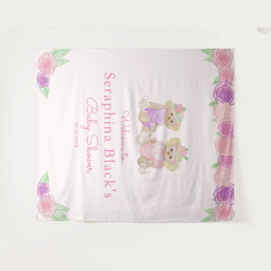 ピンク ティーパーティー テディベア ベビーシャワー 背景 タペストリー (正面(横))