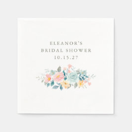ピンク ティール ウォーターカラー フローラル ブライダル シャワー カスタム スタンダードカクテルナプキン