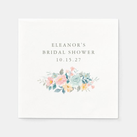 ピンク ティール ウォーターカラー フローラル ブライダル シャワー カスタム スタンダードカクテルナプキン (正面)
