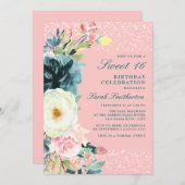 ピンク ティール クリーム フラワー スイート16 誕生日 招待状 (正面/裏面)