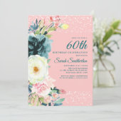 ピンク ティール クリーム 花柄 60歳の誕生日 招待状 (スタンド正面)