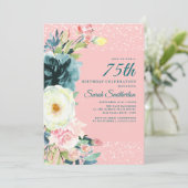 ピンク ティール クリーム 花柄 75歳の誕生日 招待状 (スタンド正面)