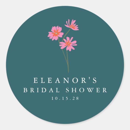ピンク ティール グリーン 花 ボヘミアンスタイル オーダーメイド ブライズシャワー ラウンドシール (正面)