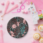 ピンク & ティール ダーク フローラル パターン ペーパープレート (パーティー)