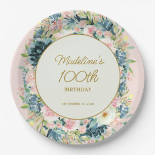 ピンク ティール ビンテージ 花 植物 100歳 誕生日  ペーパープレート