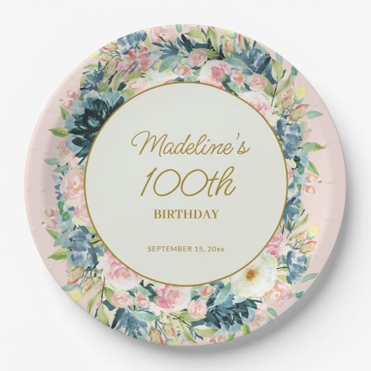 ピンク ティール ビンテージ 花 植物 100歳 誕生日  ペーパープレート (正面)