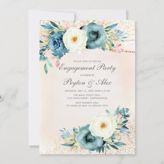 ピンク ティール ホワイト フラワーラグジュアリーエンゲージメント 招待状 (正面)