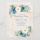 ピンク ティール ホワイト フラワーラグジュアリーエンゲージメント 招待状 (正面/裏面)