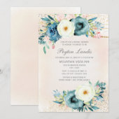 ピンク ティール ホワイト フラワーリング グリッター ブライダルシャワー 招待状 (正面/裏面)