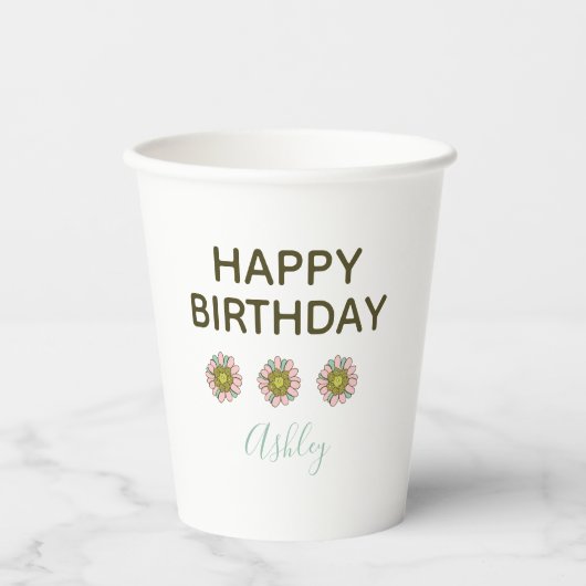 ピンク ティール レトロ フラワー 誕生日 紙コップ (正面)