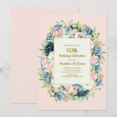 ピンク ティール ヴィンテージ フラワー 女性の60歳の誕生日 招待状 (正面/裏面)