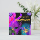ピンク ティール 仮面 クモのハロウィンパーティーマスク 招待状 (スタンド正面)