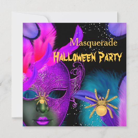 ピンク ティール 仮面 クモのハロウィンパーティーマスク 招待状 (正面)