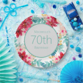 ピンク ティール 水彩 花柄 葉 70歳の誕生日 ペーパープレート (パーティー)