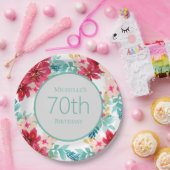 ピンク ティール 水彩 花柄 葉 70歳の誕生日 ペーパープレート (パーティー)