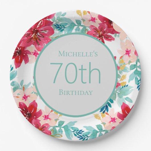 ピンク ティール 水彩 花柄 葉 70歳の誕生日 ペーパープレート (正面)