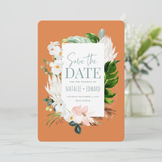 ピンク、ティール（緑がかった色）、および蘭の熱帯フローラ セーブザデート (スタンド正面)