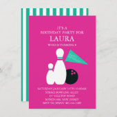 ピンク&ティール(緑がかった色)キッズボーリングパーティー誕生日招待状 招待状 (正面/裏面)